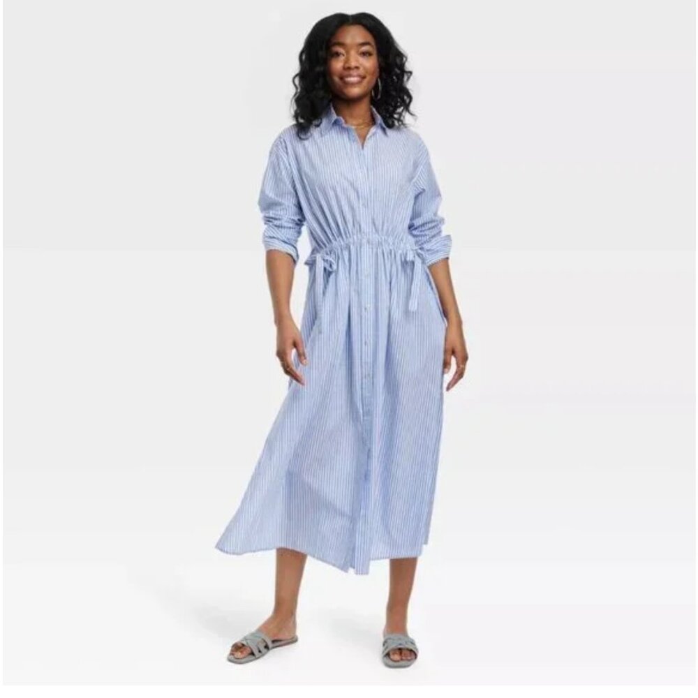 Universal Thread Long Sleeve Cinch Waist Maxi Shirtdress Blue Striped xs